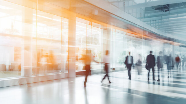 motion blur image of business people crowd walking at corporate office in city downtown, blurred background, business center concept