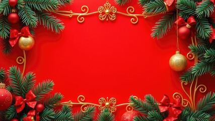 Christmas frame, christmas background with fir branches and balls, Festive Christmas Frame with Pine Branches and Baubles on Red Background