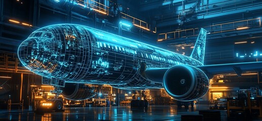 Airplane in a hangar with a blue wireframe overlay.