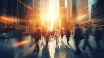 abstract motion blur image of business people crowd walking at corporate office in city downtown, blurred background, business center concept, Cinematic color tone