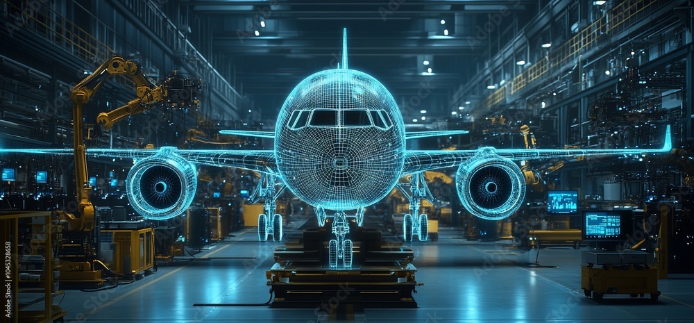 Leinwandbilder an airplane made of digital lines in an industrial setting with robotics in the background.