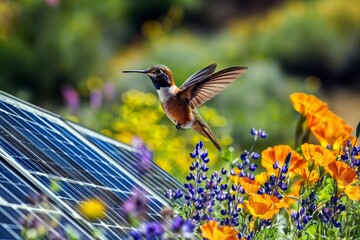 Fototapeta premium Hummingbird Harmony. A vibrant hummingbird hovers near a solar panel, surrounded by colorful flowers.