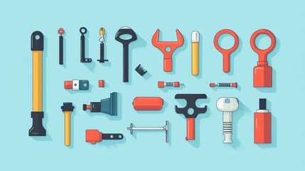 Obraz premium Collection of various tools on a blue background, arranged neatly for easy identification and use.