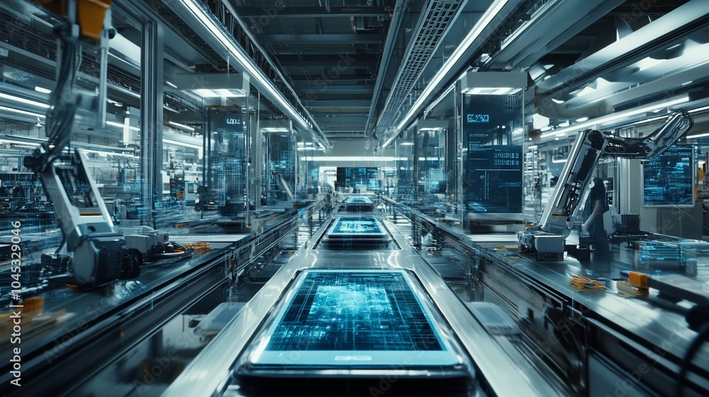 Aufkleber An empty automated factory with robotic arms working on an assembly line.