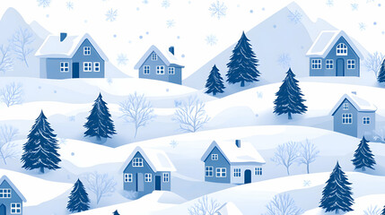 A winter background with isometric illustrations of snow-covered houses, pine trees, and mountains, creating a cozy, wintry village scene