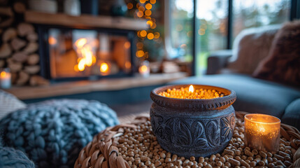 Cozy Winter Interior Burning Fireplace, Candlelight, and Knit Blanket Create a Warm Atmosphere