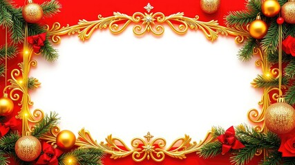 Christmas frame, christmas background with fir branches and balls, Festive Christmas Frame with Pine Branches and Baubles on Red Background