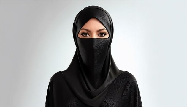 A middle eastern muslim woman of Islamic faith is wearing a niqab or a burka or a hijab; faith photography; a religious attire of the Islamic faith for a muslim woman in the middle east; religion