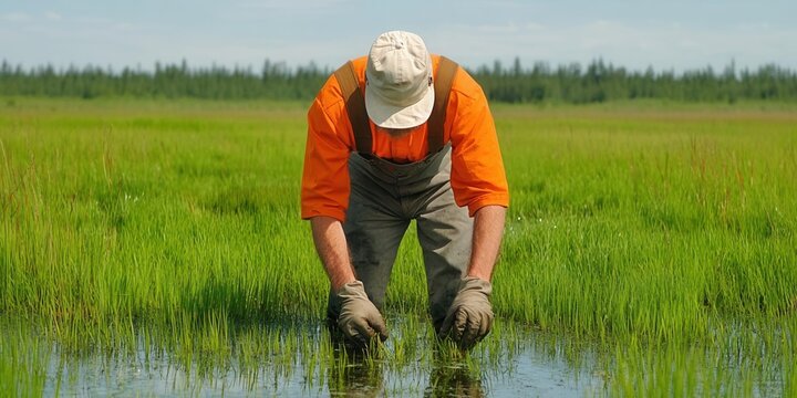Wetland research with a scientist in a bog, clean and natural, [fieldwork , wetland , bog], ,