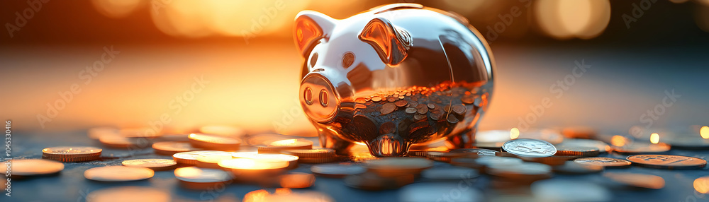 Poster glossy piggy bank with coins savings financial growth high resolution image plain surface ample copy