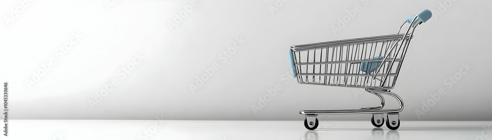Poster glossy shopping cart close up shiny metallic shopping cart pure white background camera rotate sleek