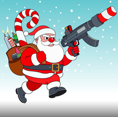 Vector hand drawing representing Santa Claus bringing gifts in a time of war in various parts of the world