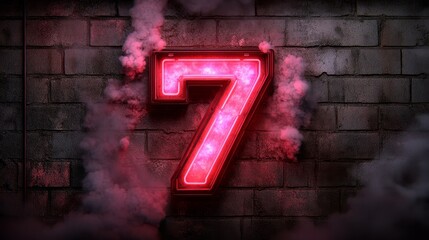 Red Neon Light Number 7, Seven, On Dark Brick Background With Mystery Smoke, Glowing Number Sign