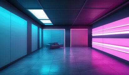 a brightly lit room with a couch and a chair in the middle