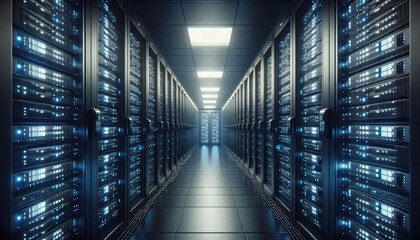 Realistic Image of a High-Tech Data Center with Black Server Racks and Blinking Blue LEDs Representing Artificial Intelligence in Data Management, Cloud Storage, and Processing