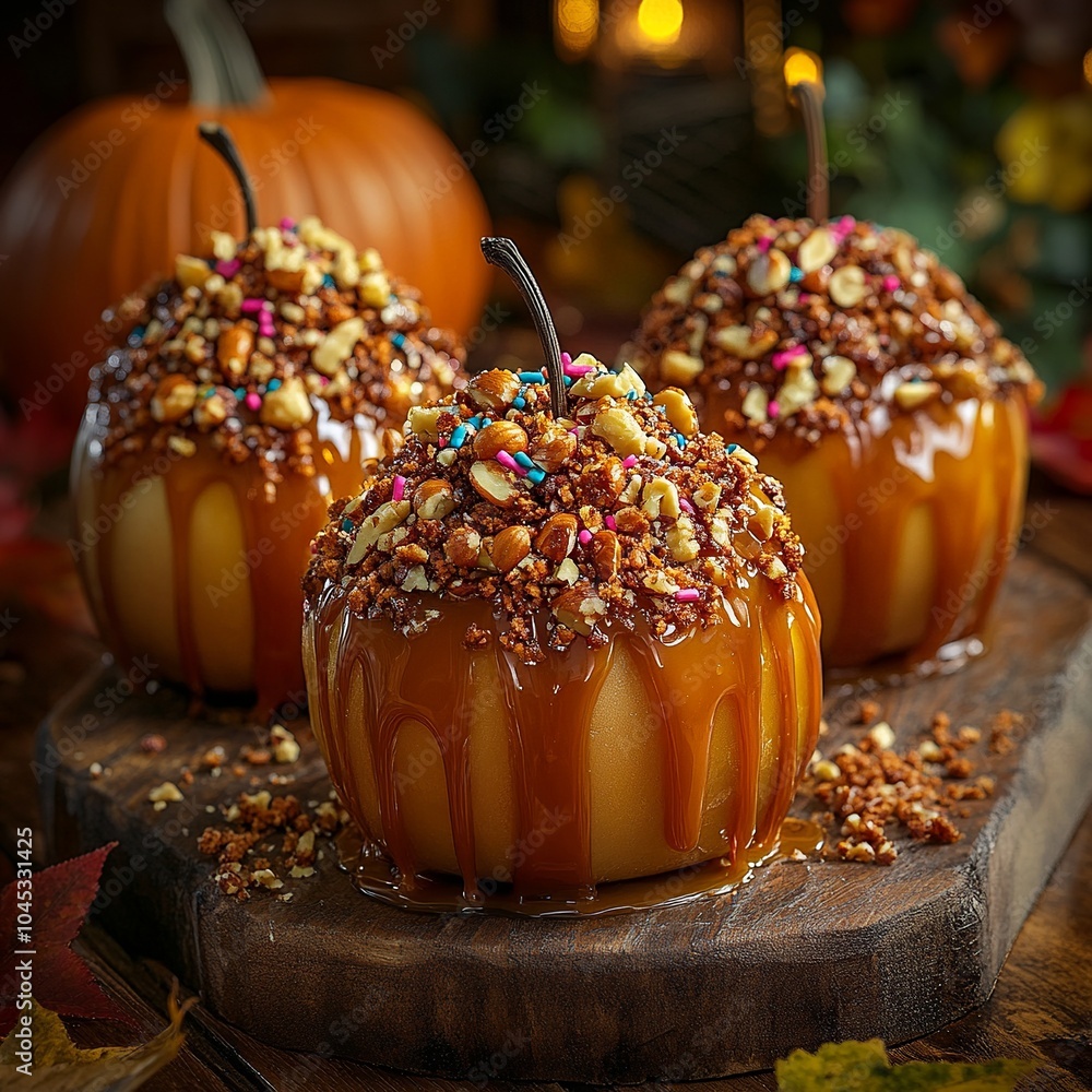 Aufkleber this lively food photograph showcases an array of caramel apples with colorful toppings, arranged on