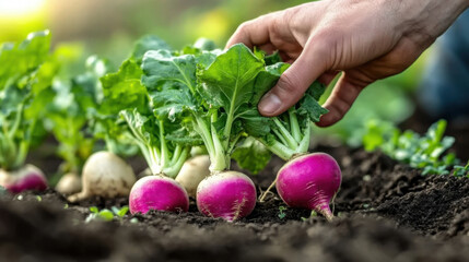 Close-up, organic fresh vegetables. The farmer has a fresh radish in his hands