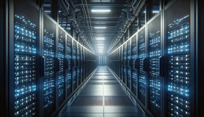 Realistic Image of a High-Tech Data Center with Black Server Racks and Blinking Blue LEDs Representing Artificial Intelligence in Data Management, Cloud Storage, and Processing