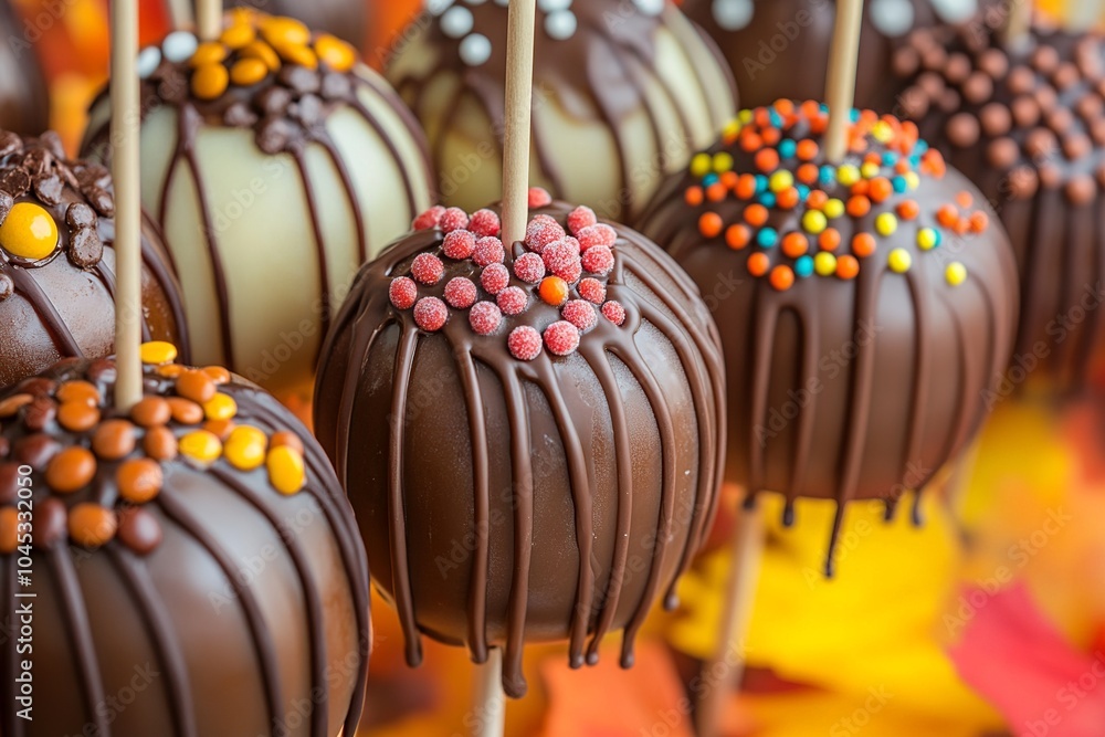 Poster this lively food photograph showcases an array of caramel apples with colorful toppings, arranged on