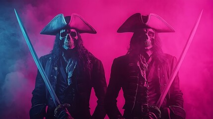 Mysterious pirate duo a hauntingly captivating portrait of fearsome skull warriors in a colorful atmosphere