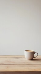 Minimal Wooden Table with Coffee Cup on Grey Background