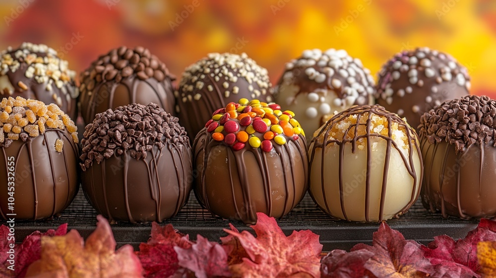 Poster this lively food photograph showcases an array of caramel apples with colorful toppings, arranged on