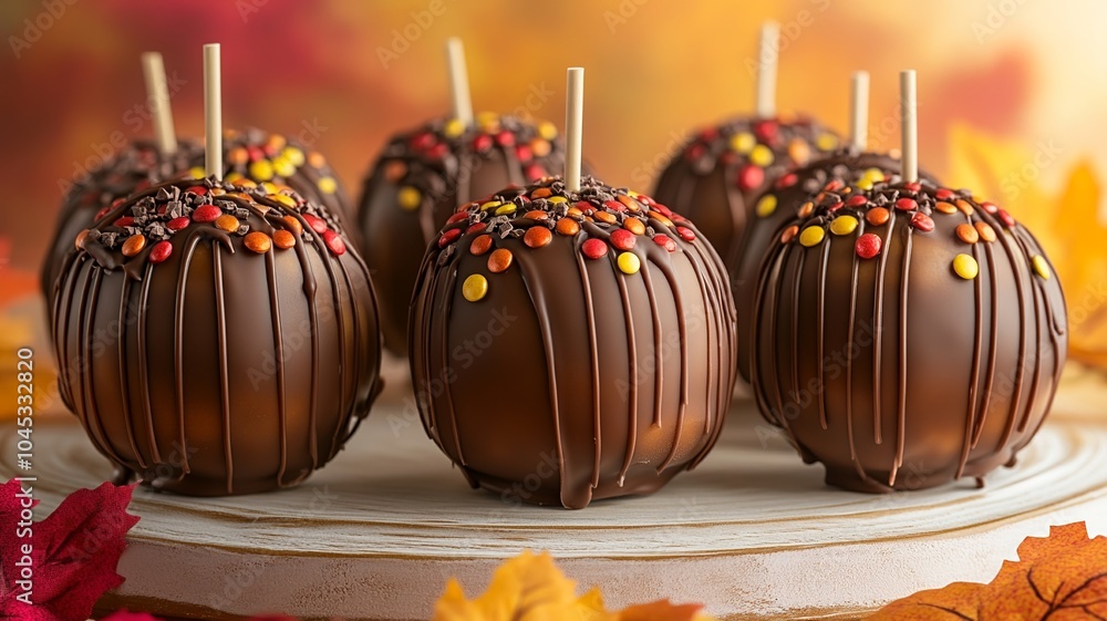 Poster this lively food photograph showcases an array of caramel apples with colorful toppings, arranged on