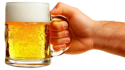 Close-up of a cold beer in a glass mug with foam. Man's hand holding a frothy beer mug isolated on transparent background.