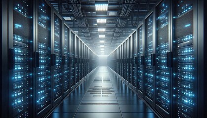Realistic Image of a High-Tech Data Center with Black Server Racks and Blinking Blue LEDs Representing Artificial Intelligence in Data Management, Cloud Storage, and Processing