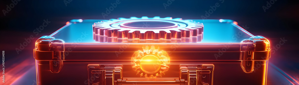 Poster holographic gear wheels rotating above glossy briefcase with ample copy space against holographic ba