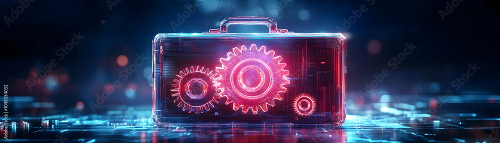 Poster holographic gear wheels rotating above glossy briefcase on holographic background offering copy spac