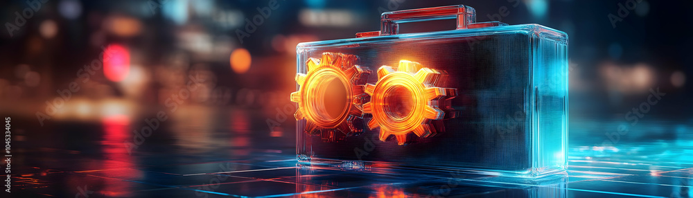 Poster holographic gear wheels rotating over glowing briefcase in stock photo - conceptual image of efficie