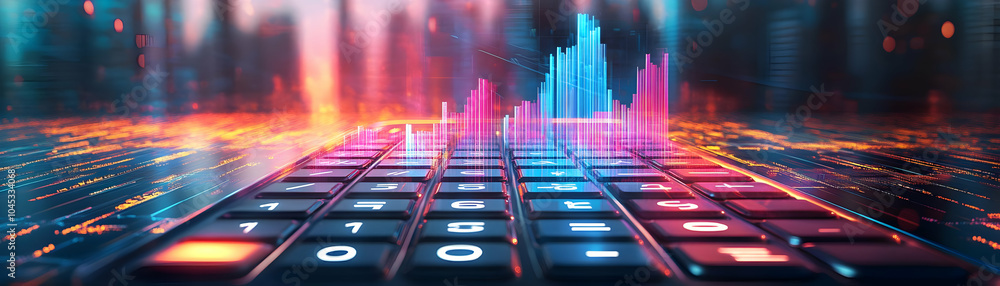 Poster holographic financial graph rising from glowing calculator - high quality image of glossy calculator