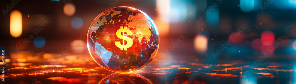 Poster holographic globe with glowing currency symbols rotating in glossy background, ample copy space for 