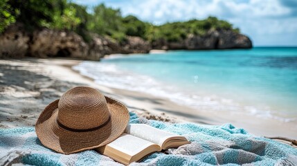 Peaceful beach scene with a sunhat and a book on a towel, clear sky