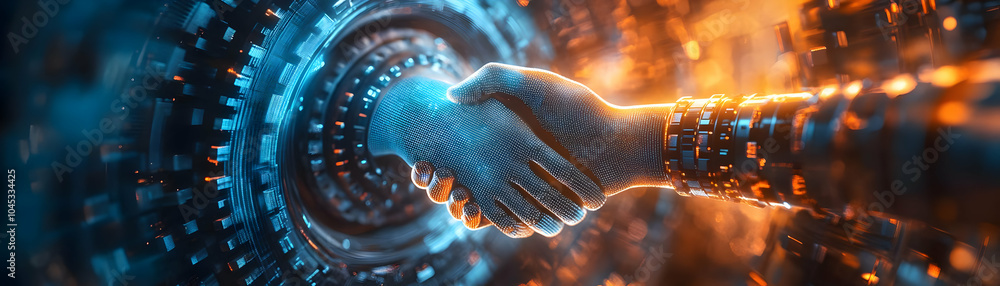 Poster holographic handshake in rotating gear wheel image concept for collaborative business strategies and