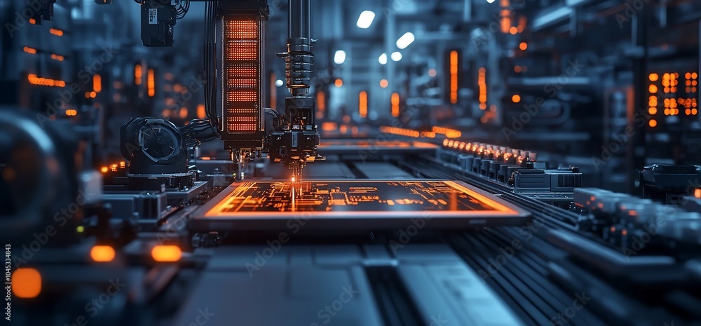 Poster close-up of a robotic arm in a futuristic factory setting, with a circuit board being assembled on a