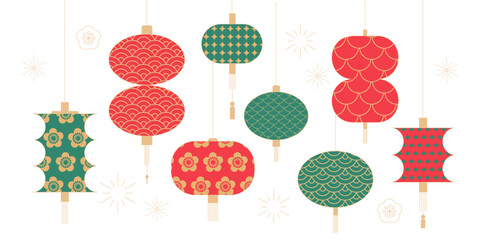 Chinese new year ornate lantern icons set. Geometric decorative vector illustration. © LanaSham
