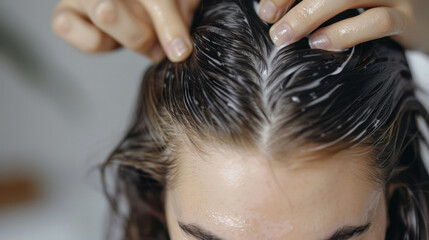 A model with postpartum hair loss, applying a scalp treatment designed to promote regrowth and thickness