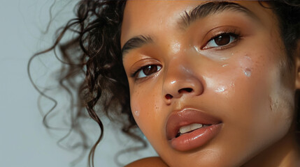 A model with sensitive skin enjoying a hypoallergenic skincare routine, with soft, glowing results