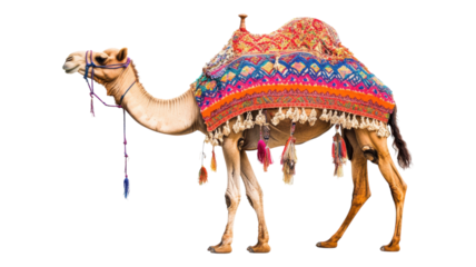 A decorated camel stands proudly with colorful saddle cloth in a desert landscape under bright sunlight, showcasing traditional adornments.