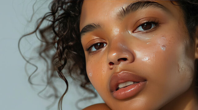 A model with sensitive skin enjoying a hypoallergenic skincare routine, with soft, glowing results