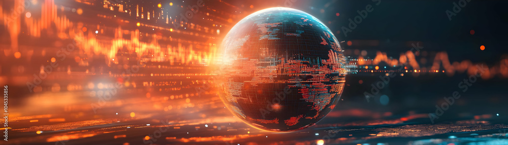 Poster holographic stock market sphere concept: extreme close-up of floating sphere showcasing global stock