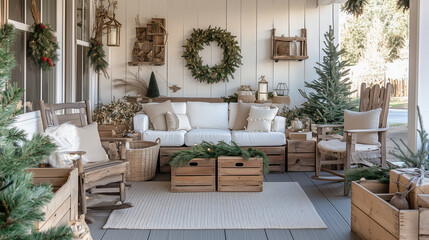 Obraz premium Rustic Christmas-themed front porch with a white sofa and chairs
