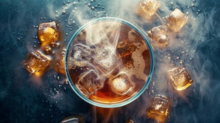 Melting Ice Cubes in Hot Coffee, a dynamic scene of ice slowly dissolving in steaming coffee, creating swirling patterns of steam and droplets of condensation
