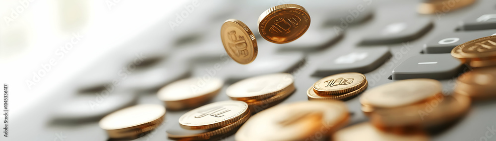 Poster levitating calculator and coins for financial planning image - high resolution concept of budgeting 