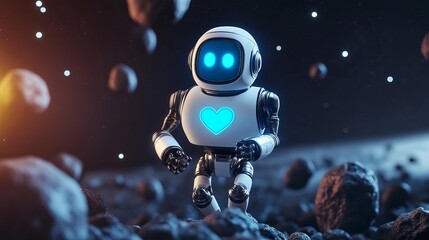Naklejka premium A robot with a glowing blue heart navigating through an asteroid belt