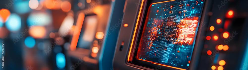 Poster macro image futuristic currency exchange machine glowing holographic display copy space abstract bac