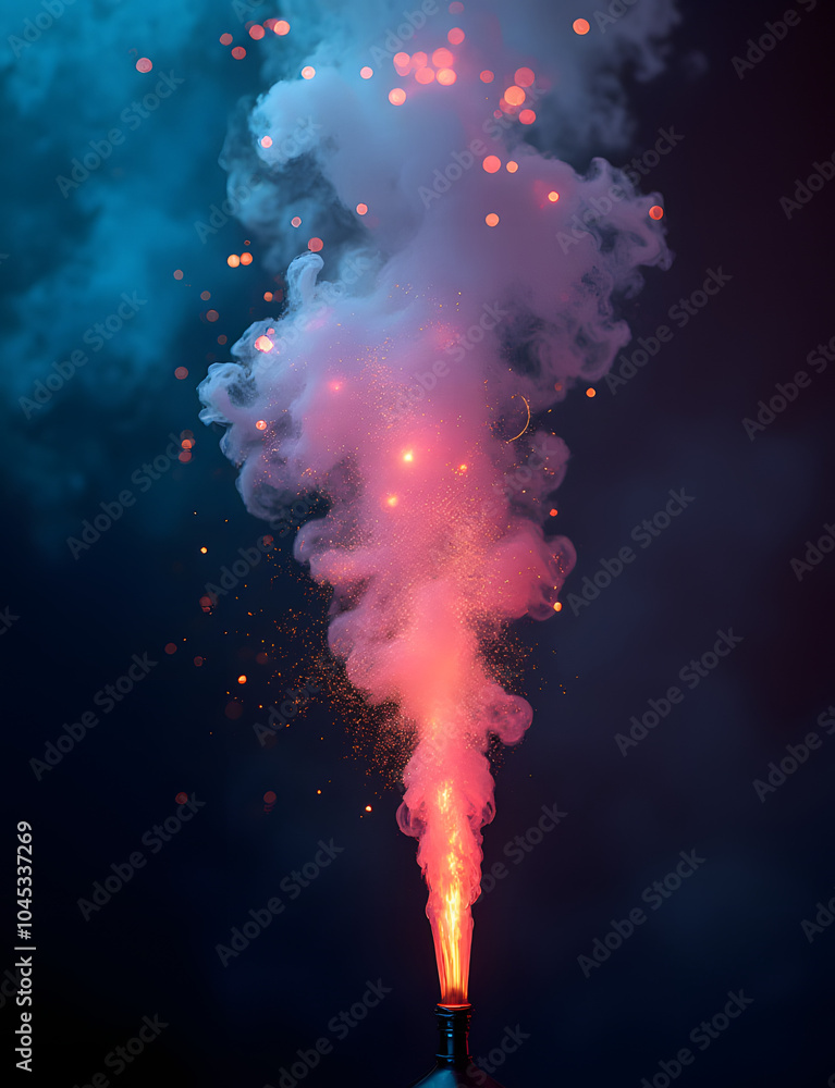 Poster Magic smoke and sparks create a neon atmosphere in a dark abstract bokeh with a glowing background effect.