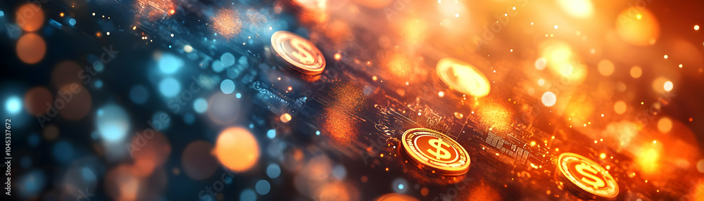 Poster glowing promotional banner macro image with currency symbols | abstract background & bokeh lights | 